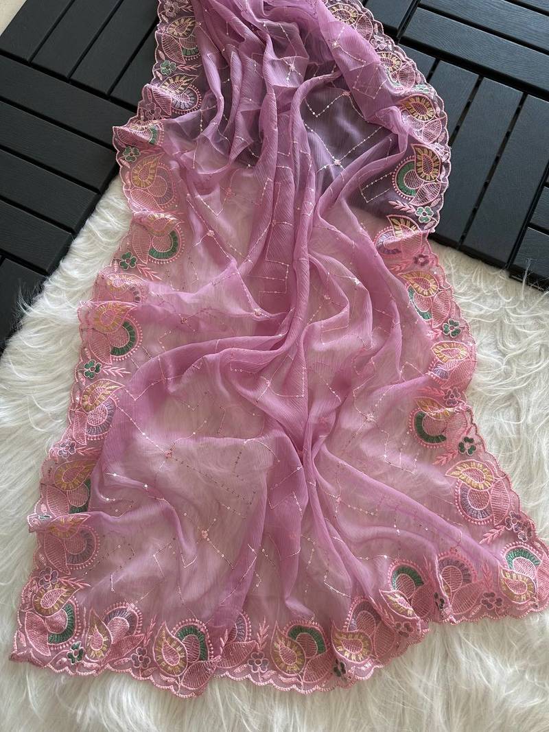 Pink Color embroidery sequins and detailed border work  chiffon saree 