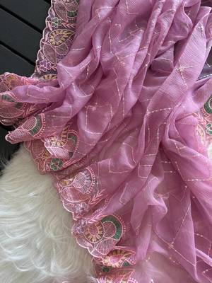 Pink Color embroidery sequins and detailed border work  chiffon saree  2
