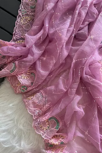 Pink Color embroidery sequins and detailed border work  chiffon saree 