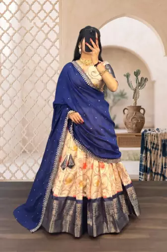 Womens Floral Lehenga Choli Set with Contrast Border and Dupatta Set