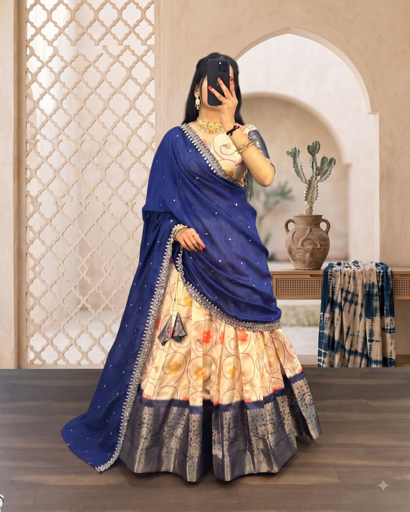 Womens Floral Lehenga Choli Set with Contrast Border and Dupatta Set