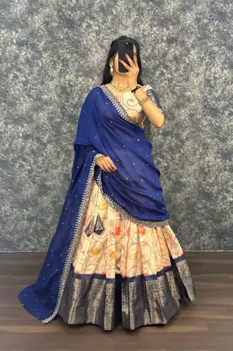 Womens New Trendy Designer Floral Lehenga Choli Set with Contrast Border and Dupatta Set