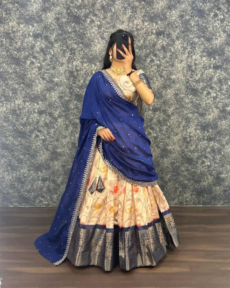 Womens New Trendy Designer Floral Lehenga Choli Set with Contrast Border and Dupatta Set