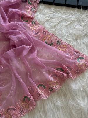 Pink Color embroidery sequins and detailed border work  chiffon saree  3