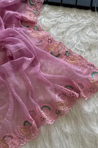 Pink Color embroidery sequins and detailed border work  chiffon saree 