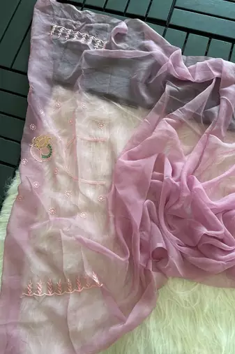 Pink Color embroidery sequins and detailed border work  chiffon saree 