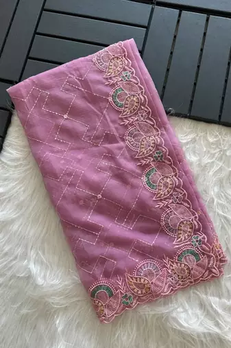 Pink Color embroidery sequins and detailed border work  chiffon saree 