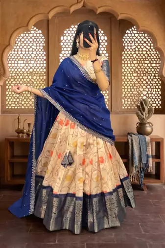 Womens Floral Lehenga Choli Set with Contrast Border and Dupatta Set