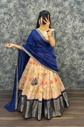 Womens Designer Floral Lehenga Choli Set with Contrast Border and Dupatta Set