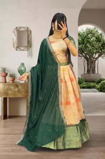 Womens Floral Lehenga Choli Set with Contrast Border and Dupatta Set
