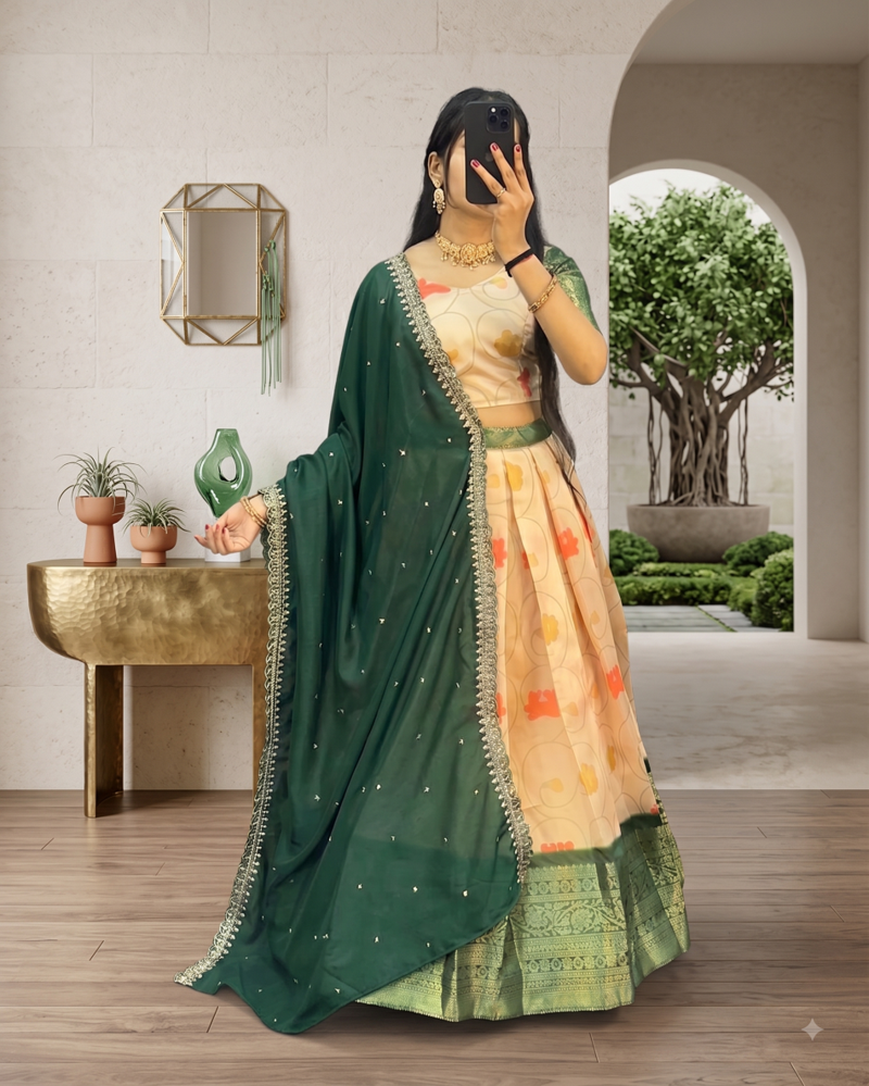 Womens Floral Lehenga Choli Set with Contrast Border and Dupatta Set