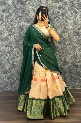 Womens New Trendy Designer Floral Lehenga Choli Set with Contrast Border and Dupatta Set