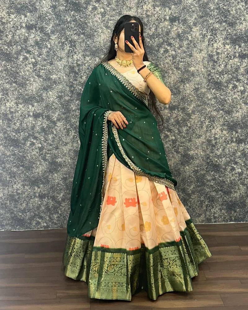 Womens New Trendy Designer Floral Lehenga Choli Set with Contrast Border and Dupatta Set