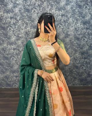 Womens Designer Floral Lehenga Choli Set with Contrast Border and Dupatta Set 2