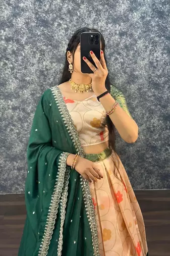 Womens Designer Floral Lehenga Choli Set with Contrast Border and Dupatta Set