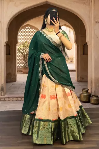 Womens Floral Lehenga Choli Set with Contrast Border and Dupatta Set