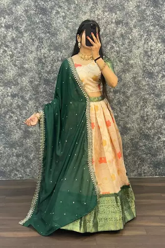 Womens Designer Floral Lehenga Choli Set with Contrast Border and Dupatta Set