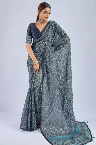 Blue Chiffon Ajrak Printed Saree