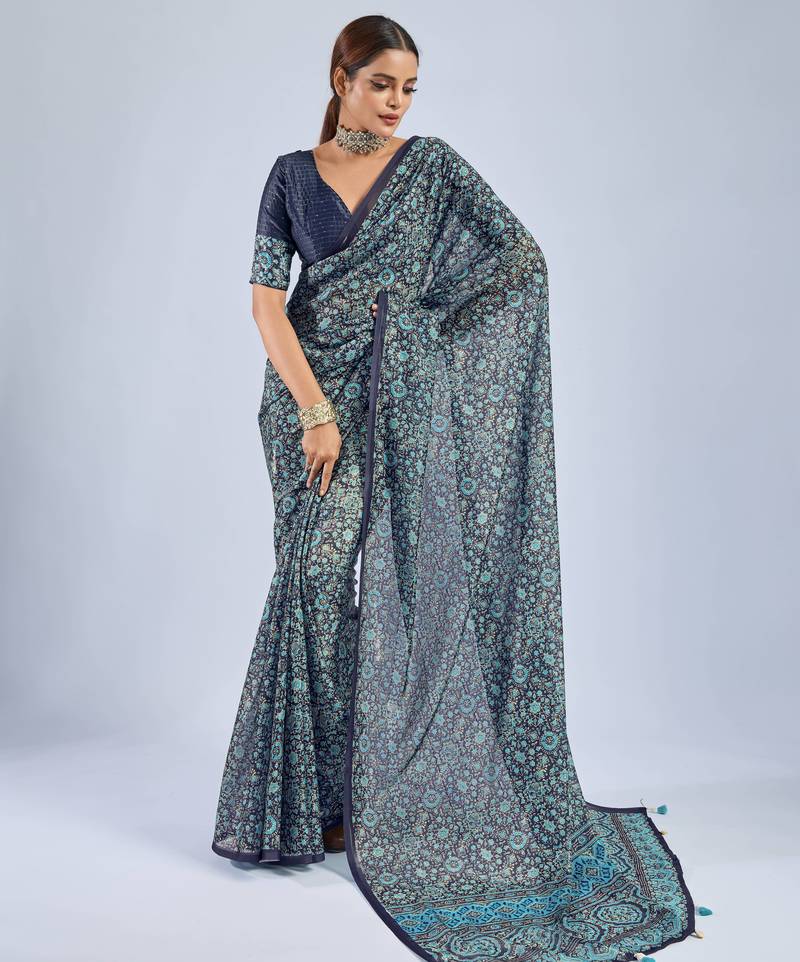 Blue Chiffon Ajrak Printed Saree