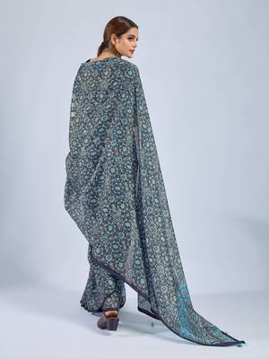 Blue Chiffon Ajrak Printed Saree 2