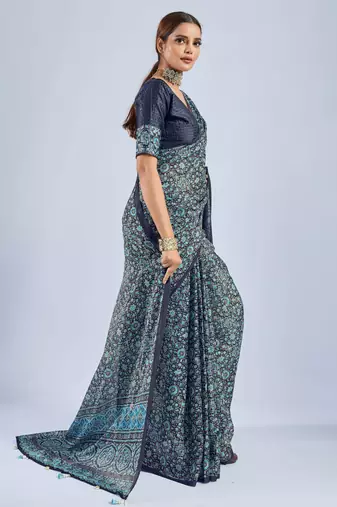 Blue Chiffon Ajrak Printed Saree