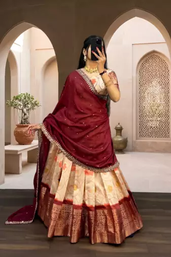 red floral printed silk lehenga choli