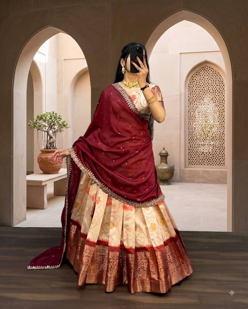 red floral printed silk lehenga choli