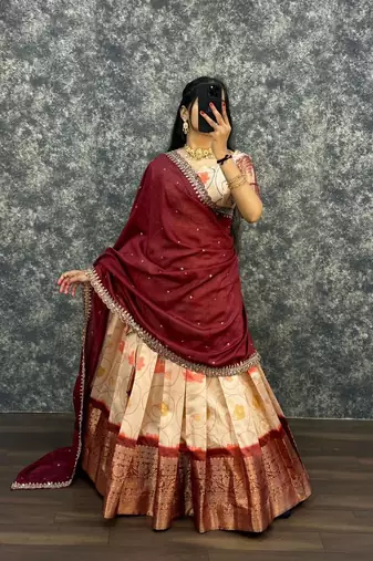 Womens New Trendy Designer Floral Lehenga Choli Set with Contrast Border and Dupatta Set