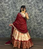 Womens New Trendy Designer Floral Lehenga Choli Set with Contrast Border and Dupatta Set