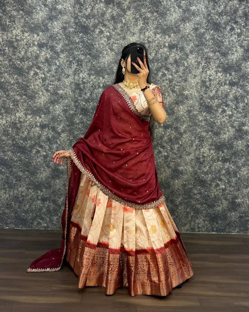 Womens New Trendy Designer Floral Lehenga Choli Set with Contrast Border and Dupatta Set
