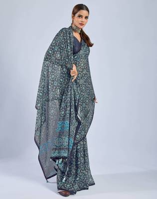 Blue Chiffon Ajrak Printed Saree 4