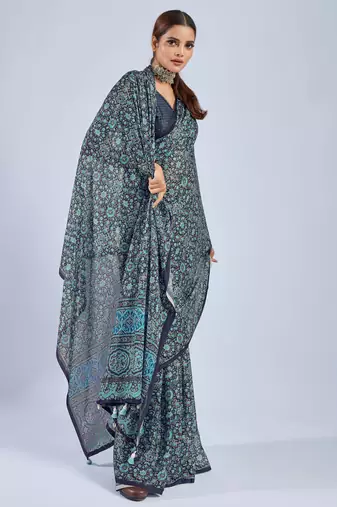 Blue Chiffon Ajrak Printed Saree