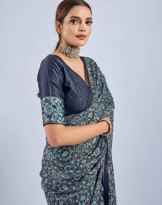 Blue Chiffon Ajrak Printed Saree 5