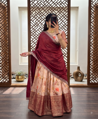 red floral printed silk lehenga choli 2