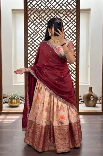 red floral printed silk lehenga choli