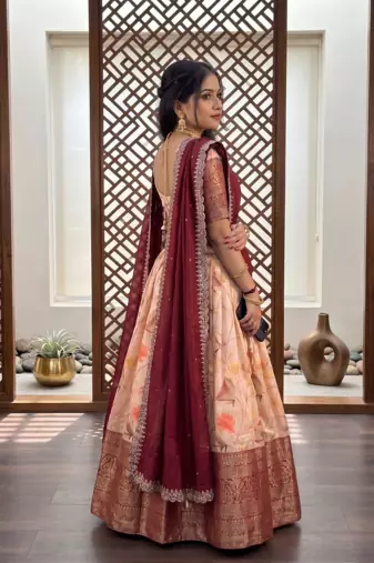red floral printed silk lehenga choli