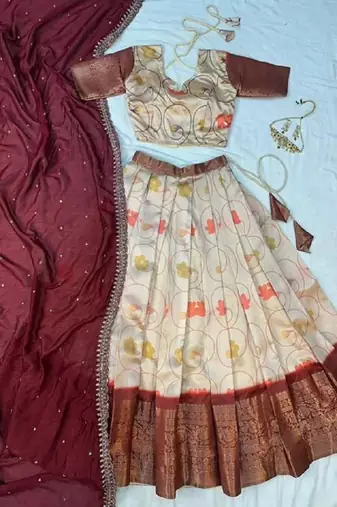 Womens Designer Floral Lehenga Choli Set with Contrast Border and Dupatta Set