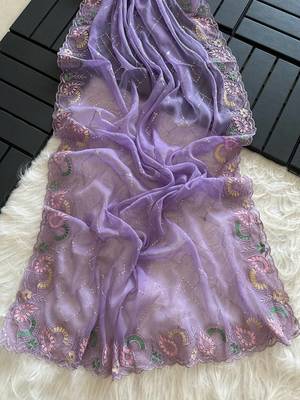 Lavender Color embroidery sequins and detailed border work  chiffon saree  1
