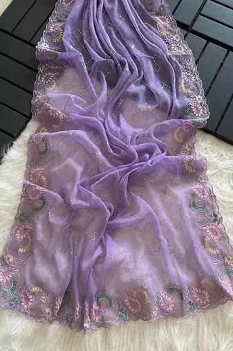 Lavender Color embroidery sequins and detailed border work  chiffon saree 