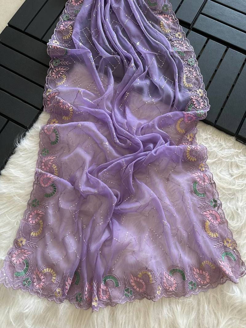 Lavender Color embroidery sequins and detailed border work  chiffon saree 