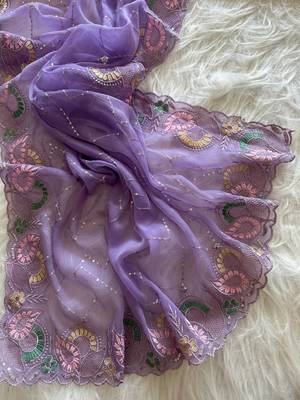 Lavender Color embroidery sequins and detailed border work  chiffon saree  2