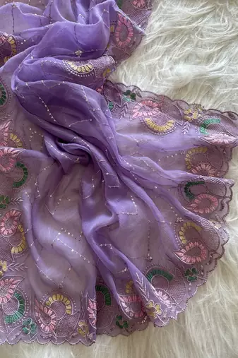Lavender Color embroidery sequins and detailed border work  chiffon saree 