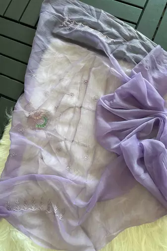 Lavender Color embroidery sequins and detailed border work  chiffon saree 