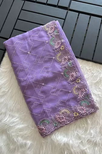 Lavender Color embroidery sequins and detailed border work  chiffon saree 