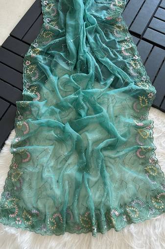 Teal Color embroidery sequins and detailed border work  chiffon saree 