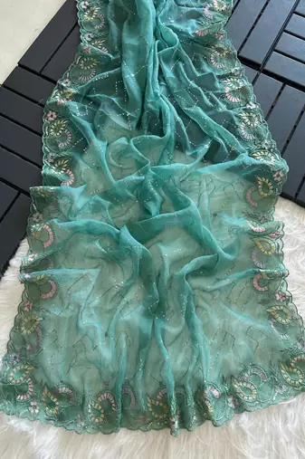 Teal Color embroidery sequins and detailed border work  chiffon saree 