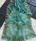 Teal Color embroidery sequins and detailed border work  chiffon saree 