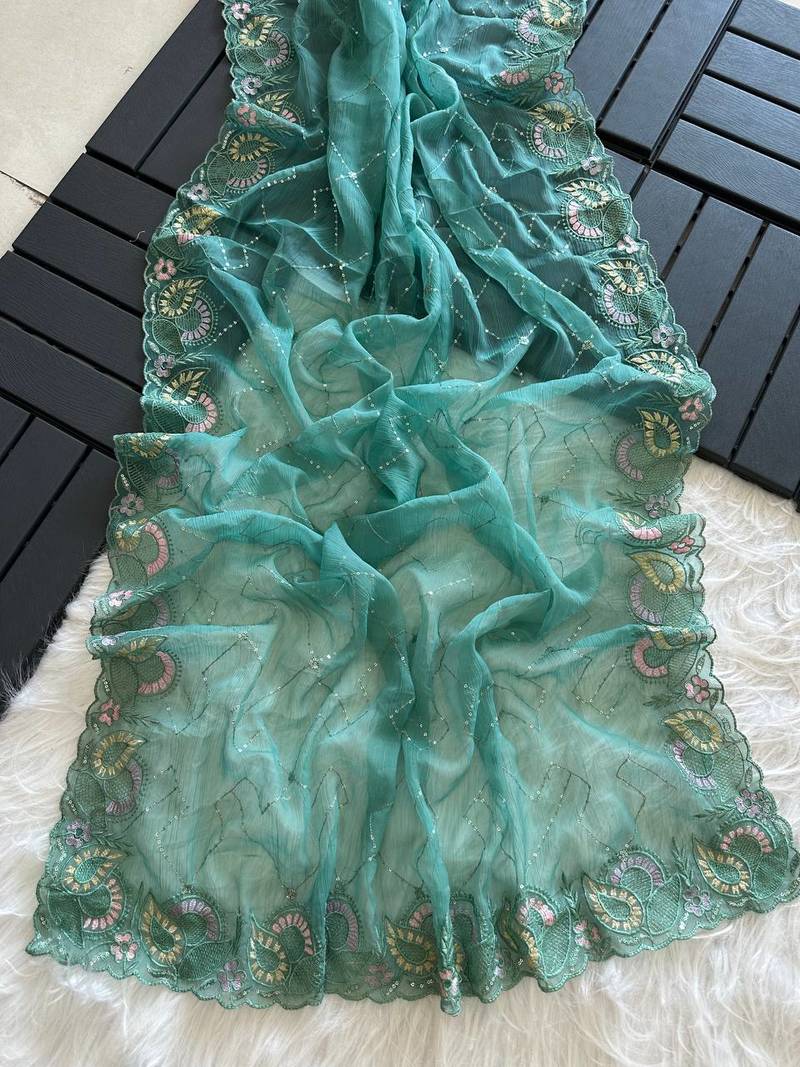 Teal Color embroidery sequins and detailed border work  chiffon saree 