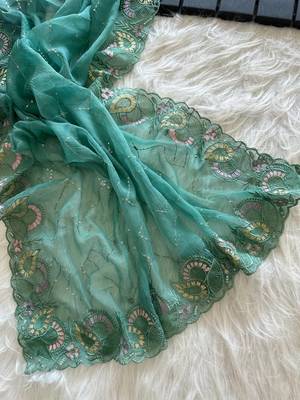 Teal Color embroidery sequins and detailed border work  chiffon saree  2