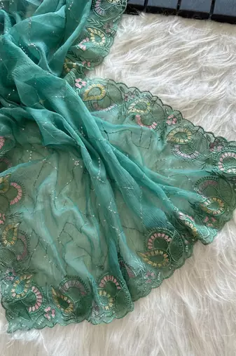 Teal Color embroidery sequins and detailed border work  chiffon saree 